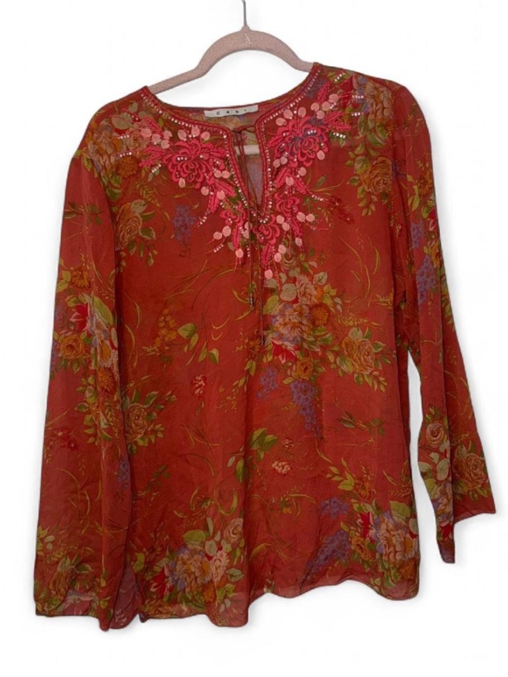 CAbi 100% Silk Floral Embroidered Beaded Boho Blouse Size L 2000s